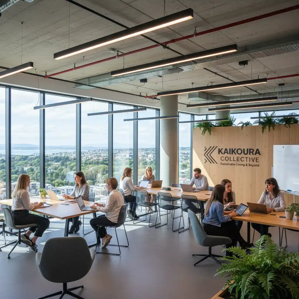 Modern office with energy-efficient lighting and natural light