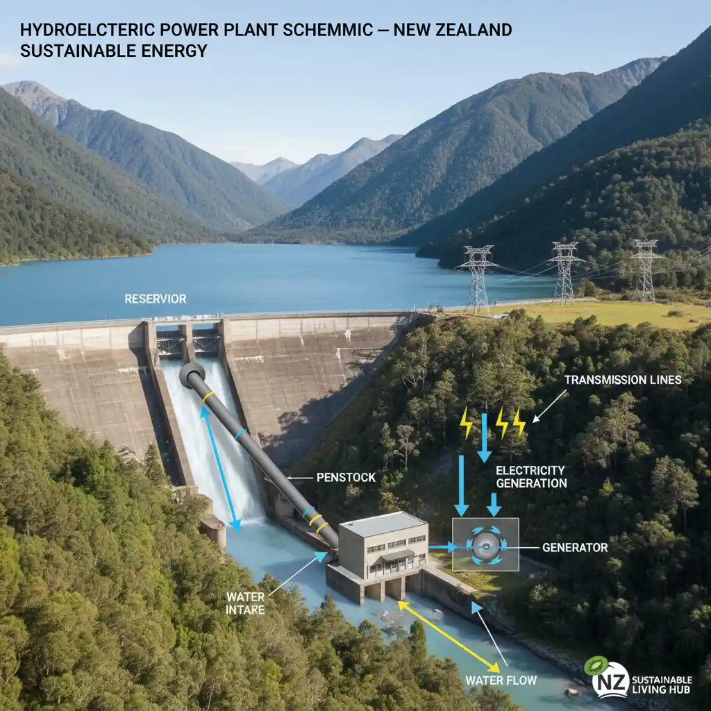 Diagram showing the energy balance and generation process of a hydropower plant