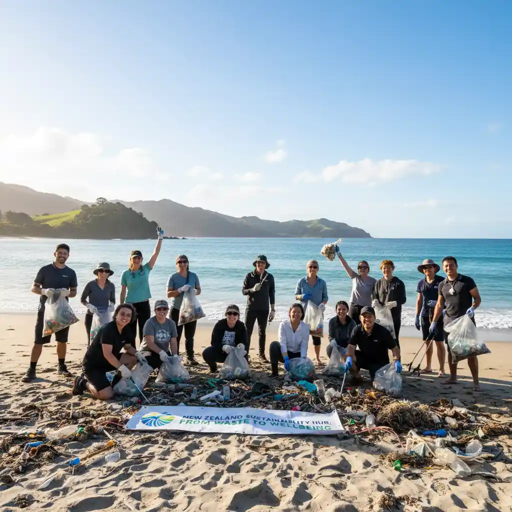 Volunteers cleaning up a New Zealand beach