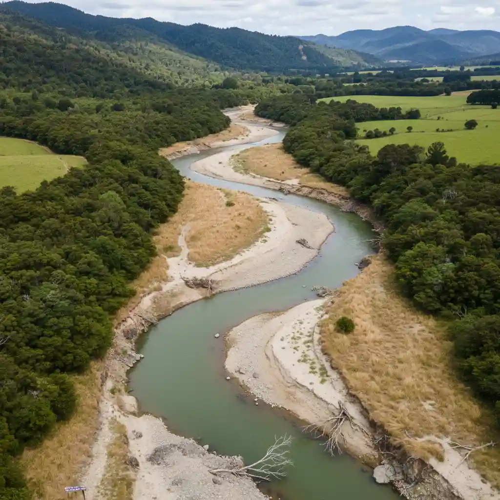 Aerial view of a New Zealand river showing signs of water stress or drought