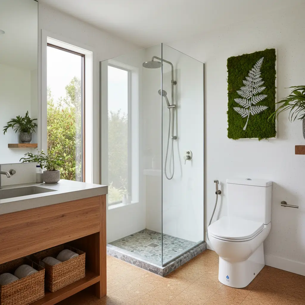Water-efficient bathroom fixtures including a low-flow shower and dual-flush toilet