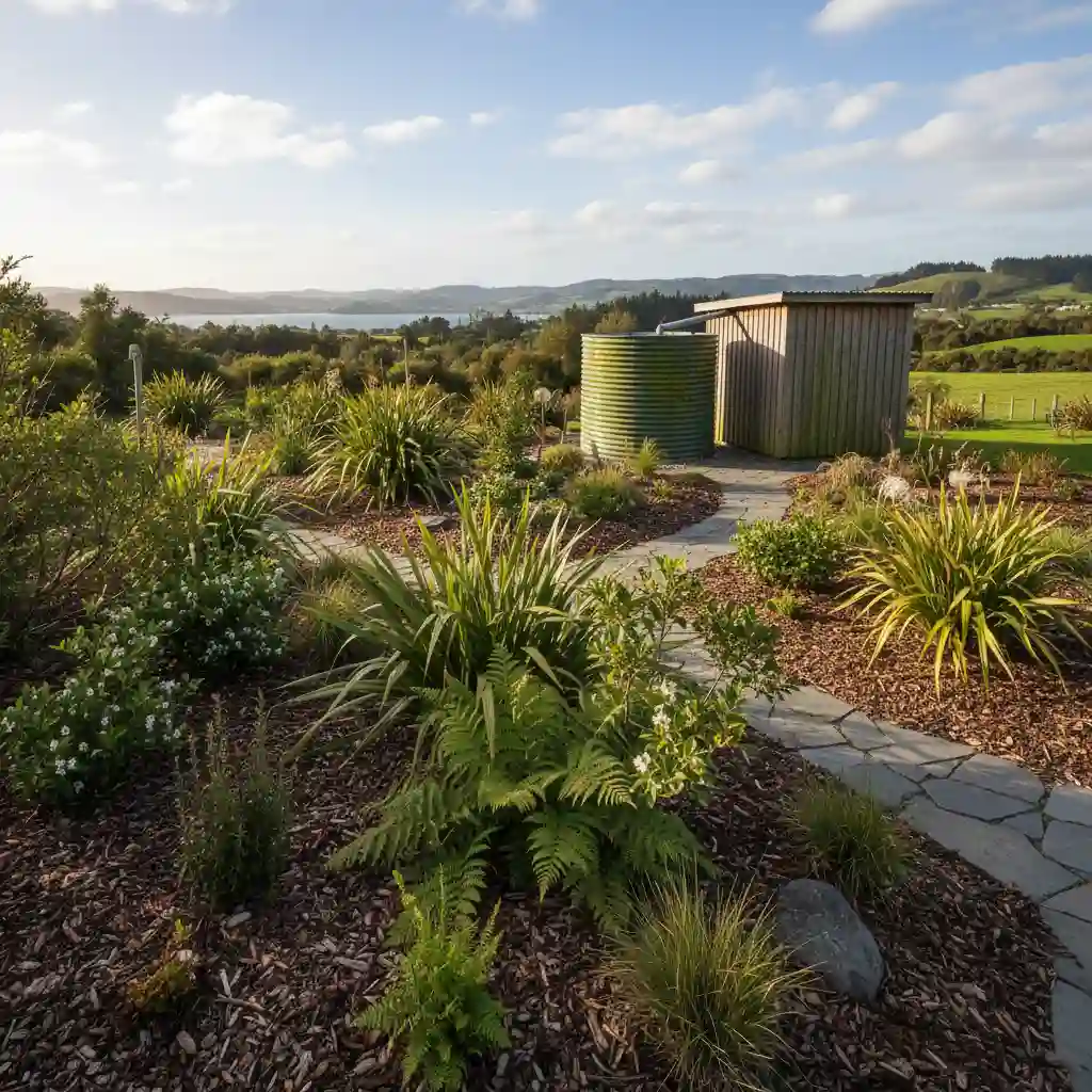 Water-wise garden with native plants, mulch, and a rainwater tank