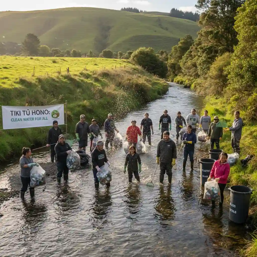 Community members cleaning a New Zealand river for water conservation