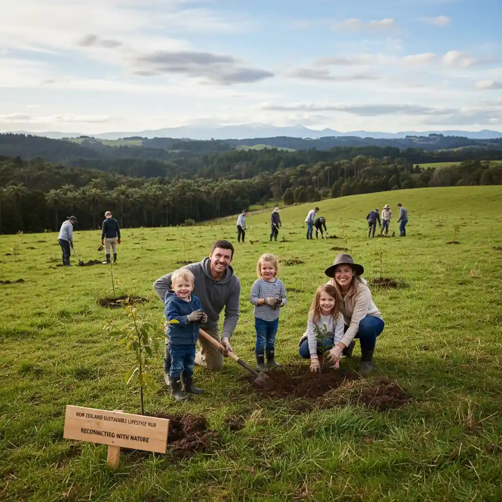 Family participating in a tree planting event in New Zealand
