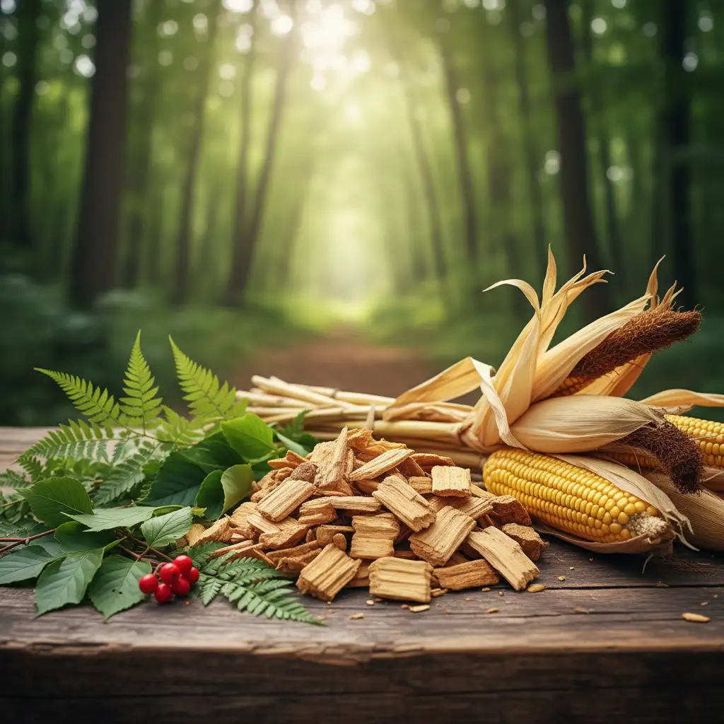 Variety of biomass materials: wood chips, agricultural waste, and green matter