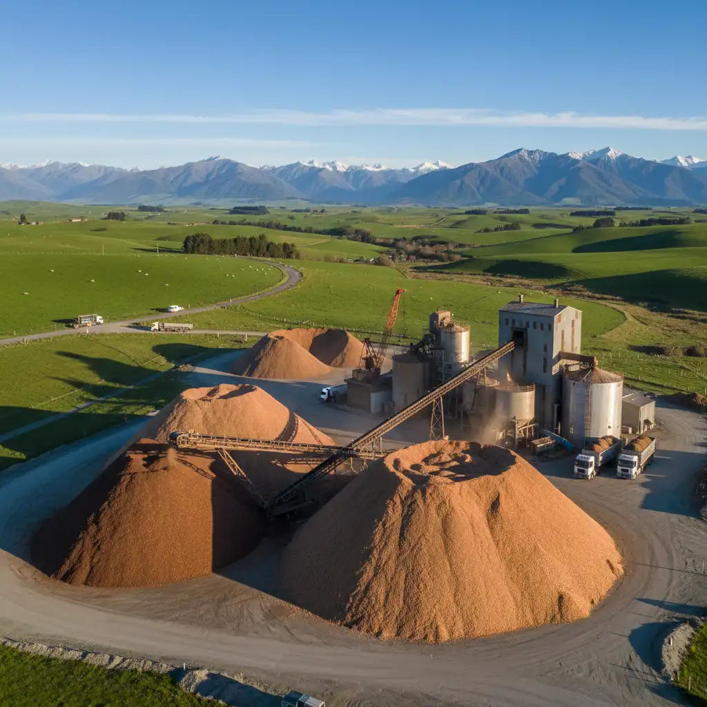 Biomass processing plant with piles of wood chips and machinery