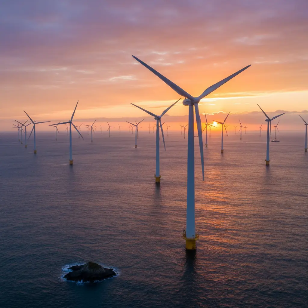Offshore wind farm at sunrise showcasing wind energy innovations