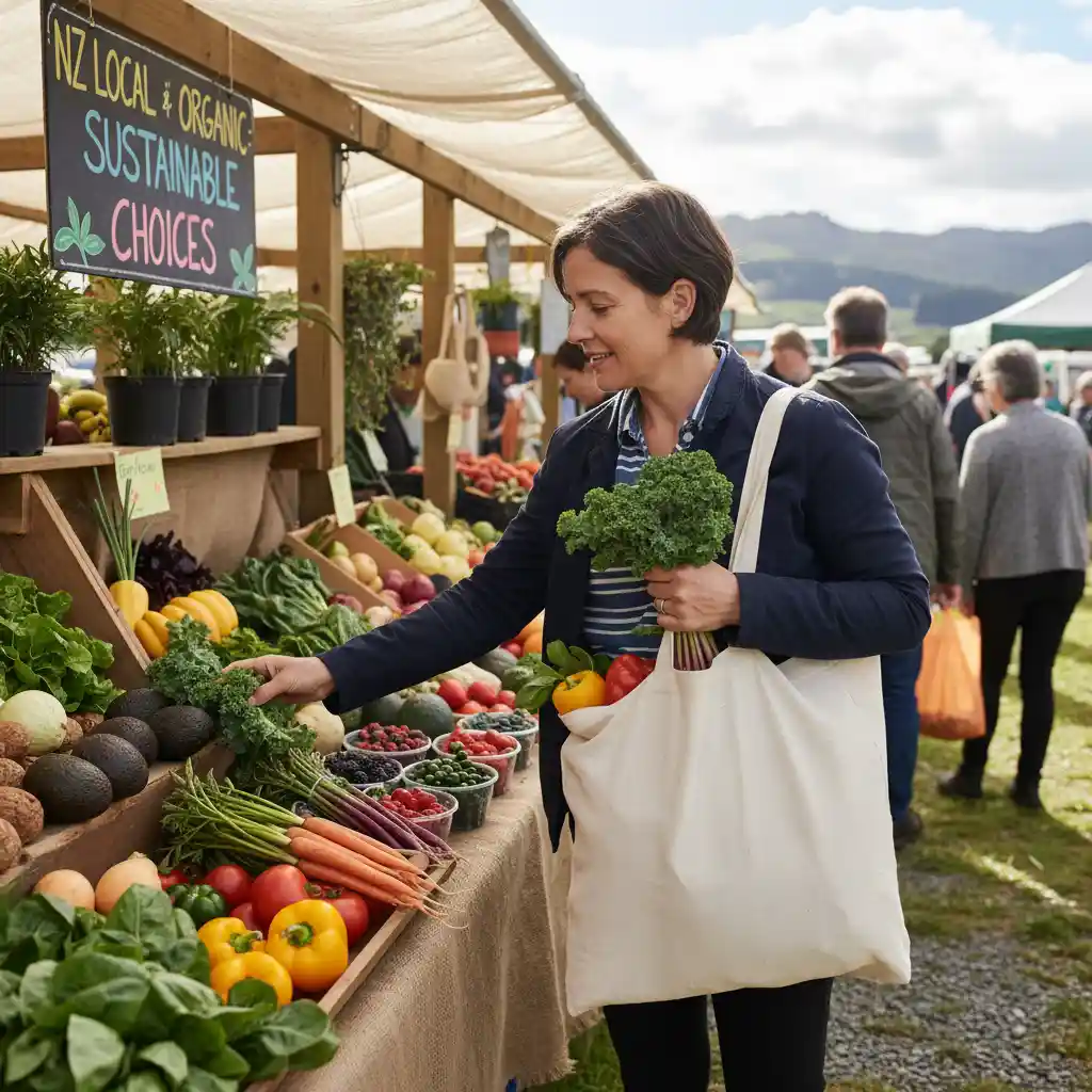 Consumer choosing diverse local produce at a farmers market, supporting sustainable genetic diversity
