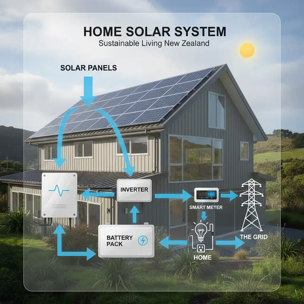 Diagram of solar power system components for NZ homes