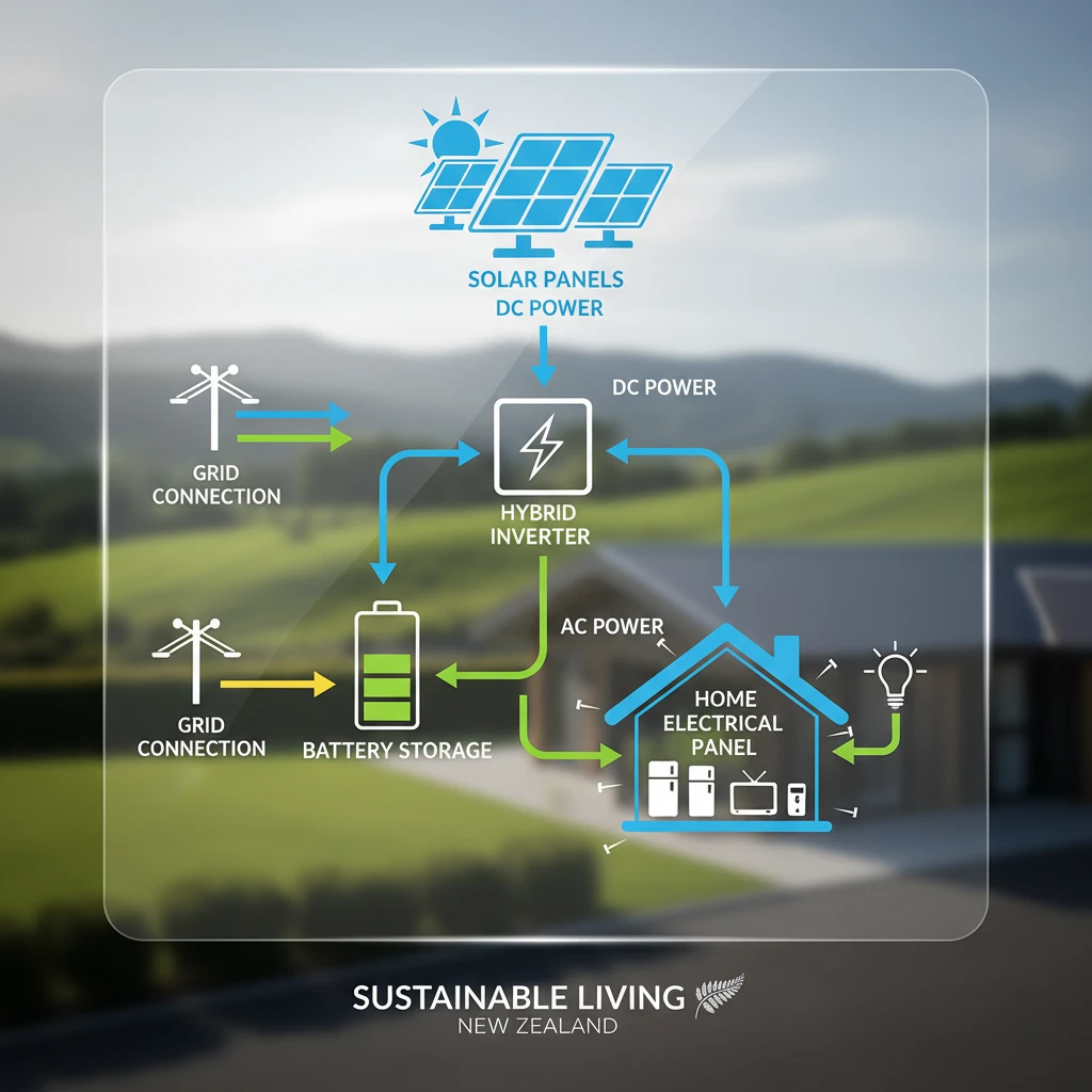 Diagram of solar power system with battery and inverter integration