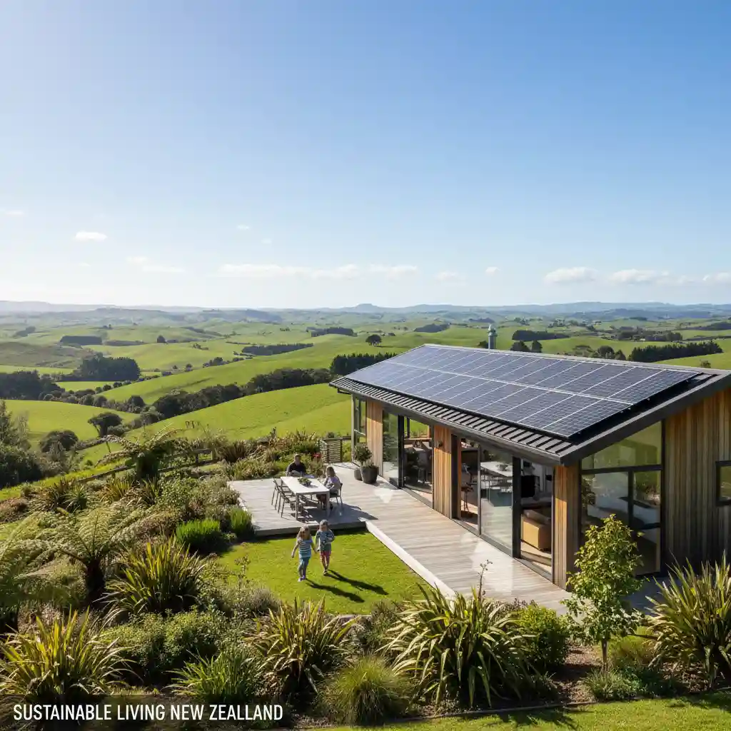 Solar panels on a New Zealand home with green landscape