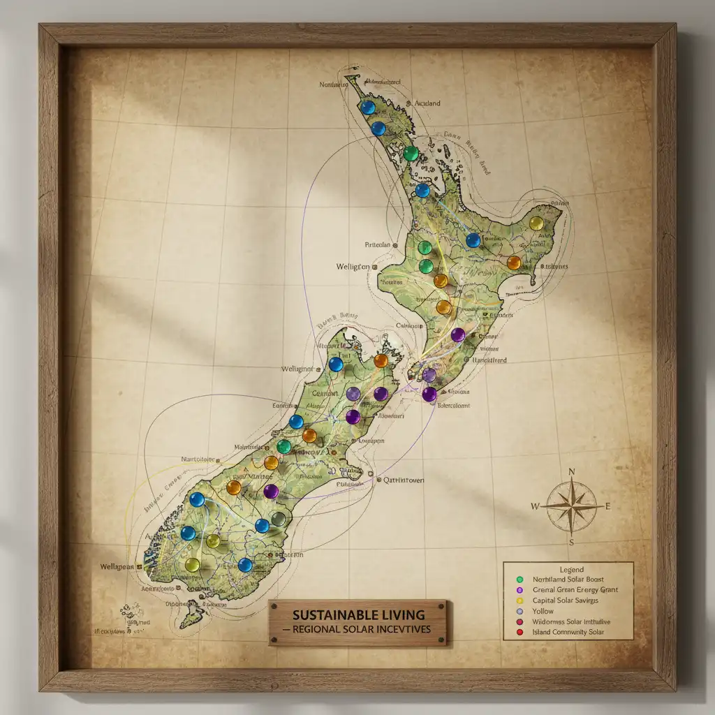 Map of New Zealand showing regional solar initiatives