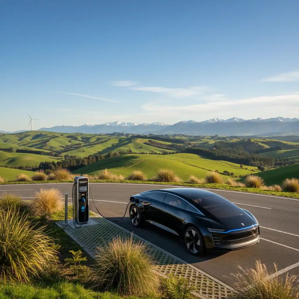 Electric car charging in New Zealand, symbolizing clean car discount rebates