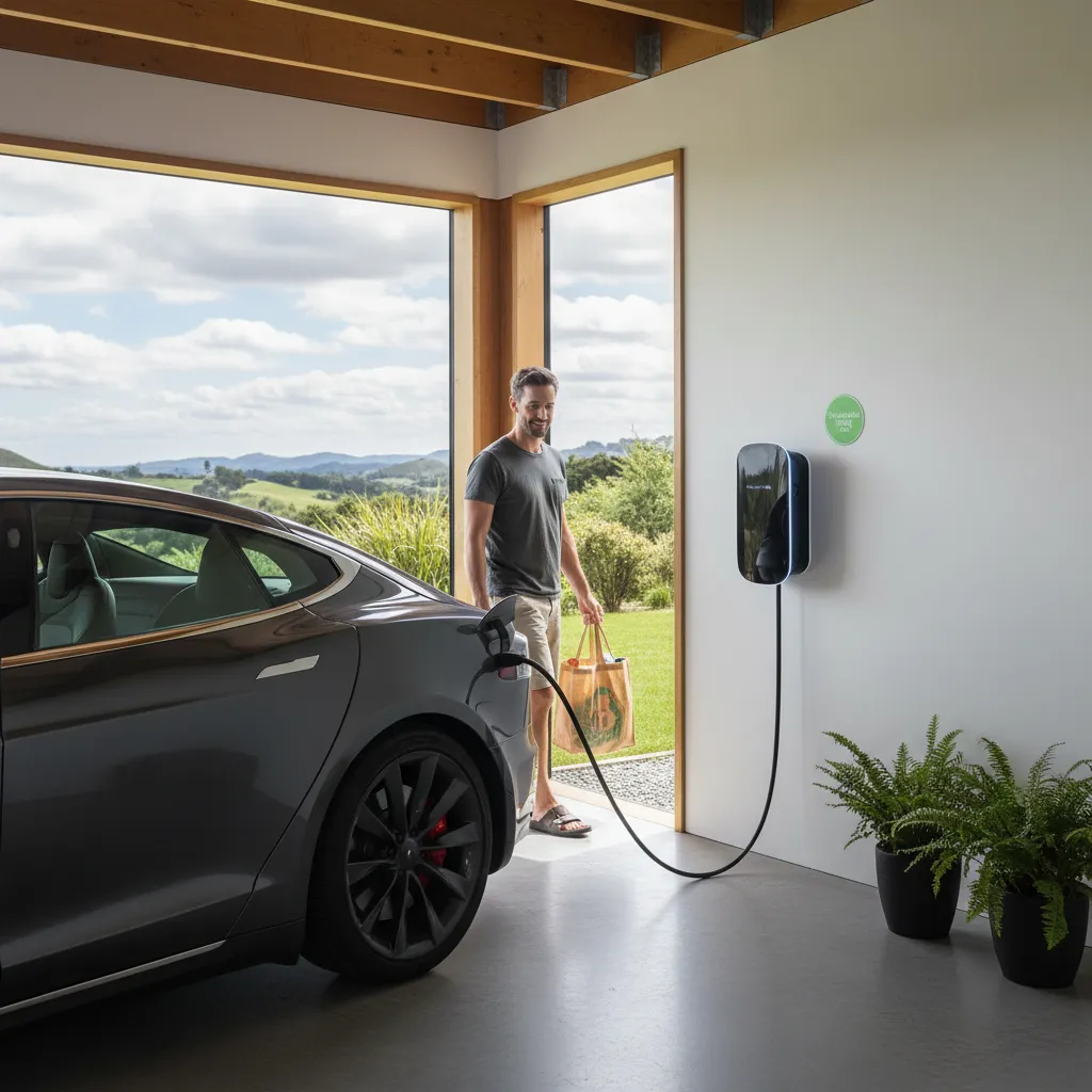 Home EV charging setup in a modern garage in NZ