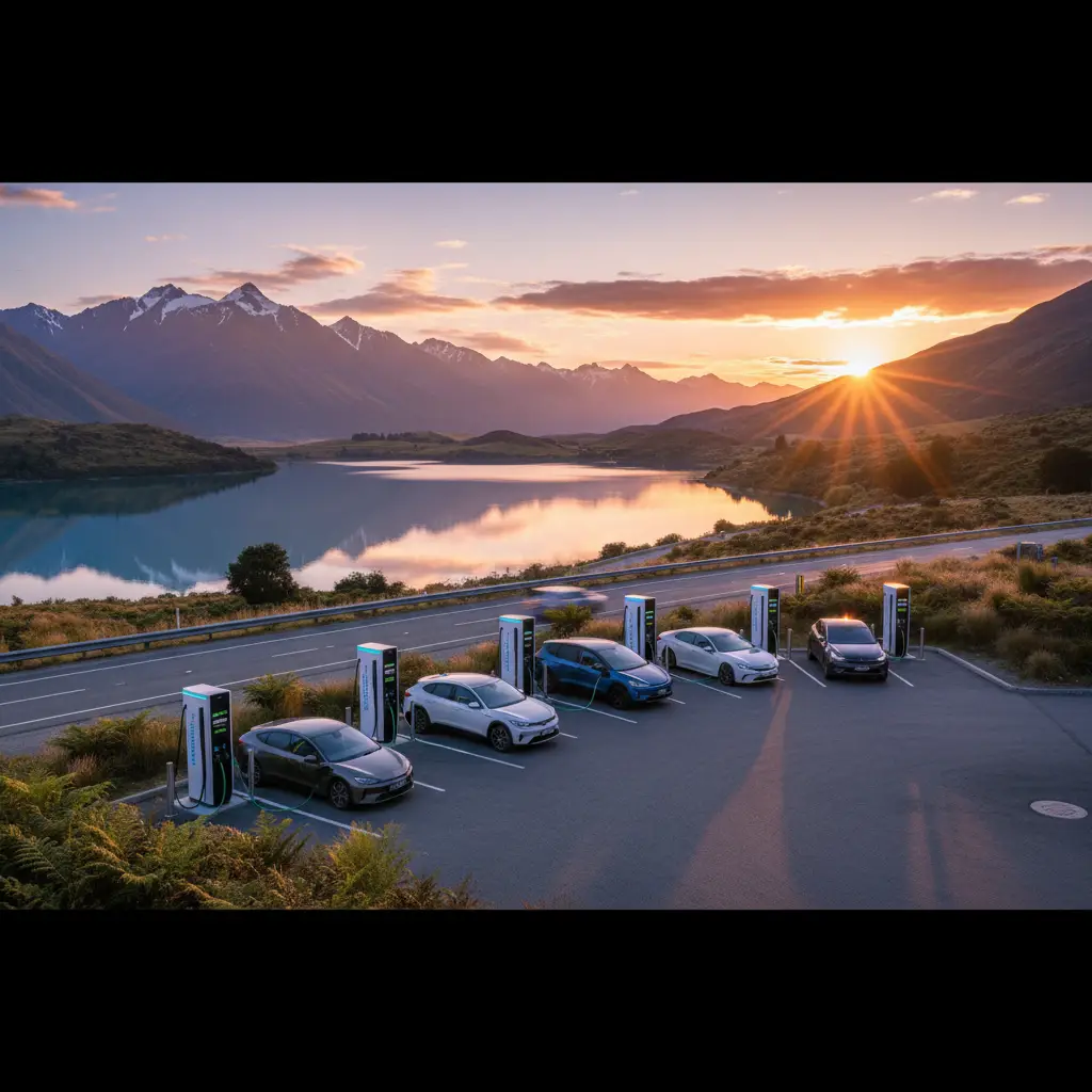 Public EV charging station with multiple fast chargers in New Zealand landscape