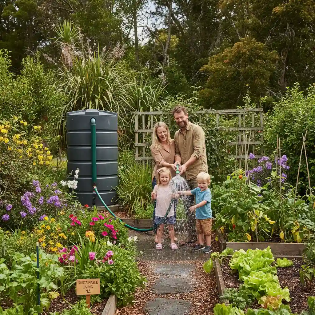 Family watering garden with rainwater in NZ