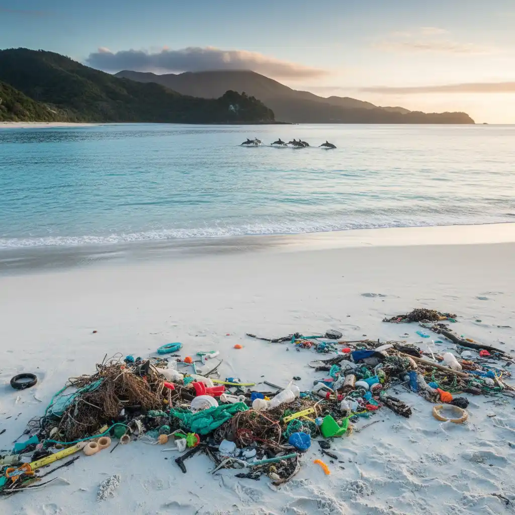 Plastic waste polluting a beautiful New Zealand beach