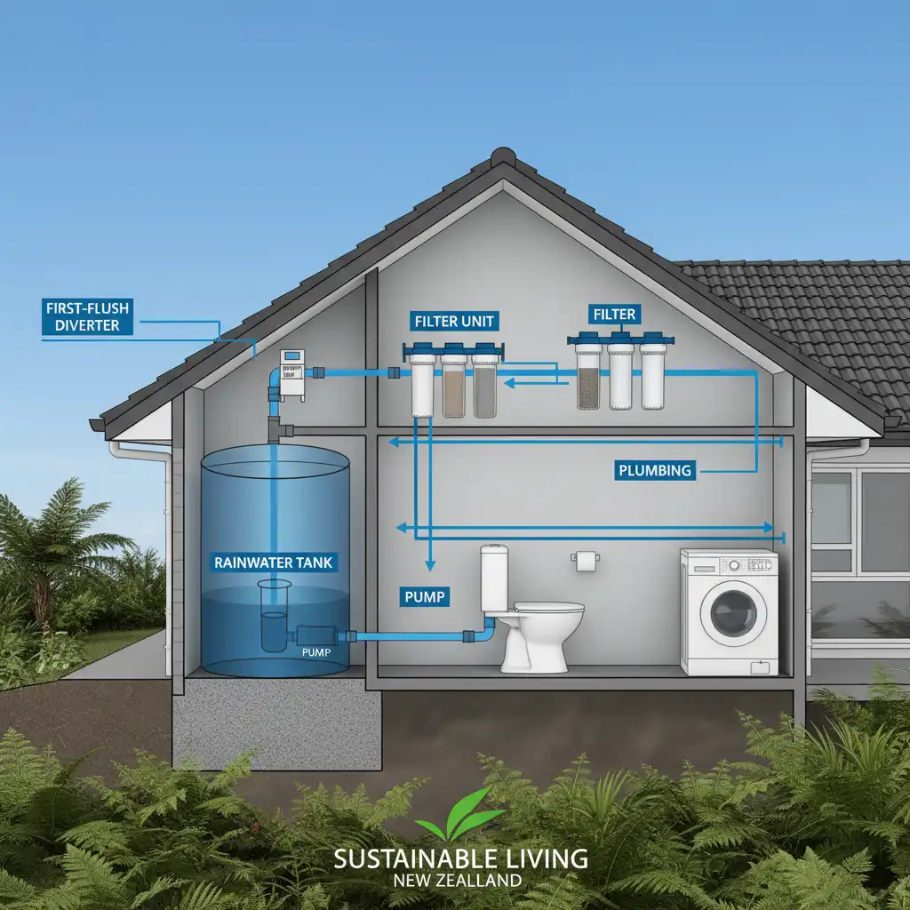 Diagram of advanced rainwater harvesting system components NZ