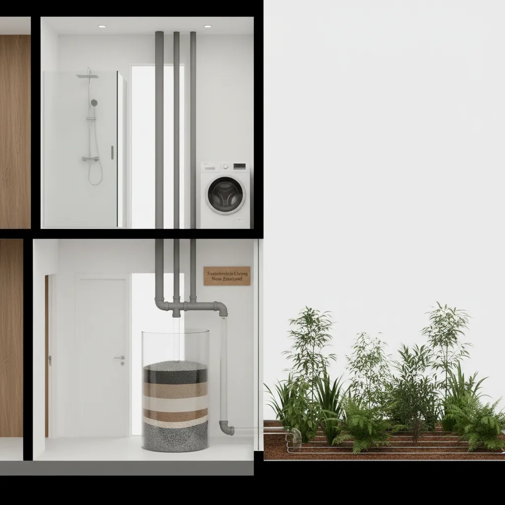 Diagram showing how a greywater system collects water from a shower and washing machine, filters it, and uses it for garden irrigation