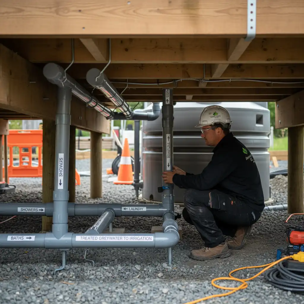 Licensed plumber installing a new greywater system according to New Zealand building codes