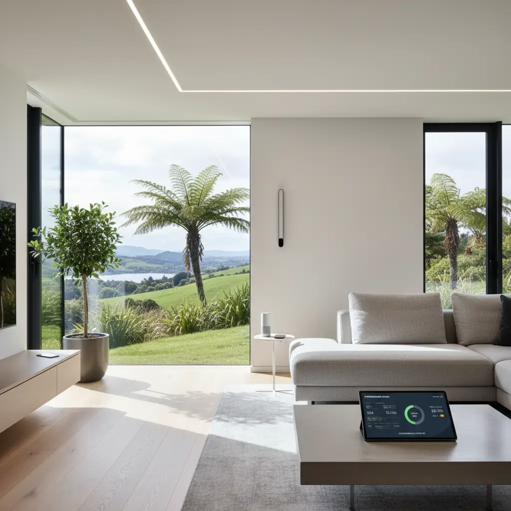 Smart home energy management dashboard in a modern New Zealand living room