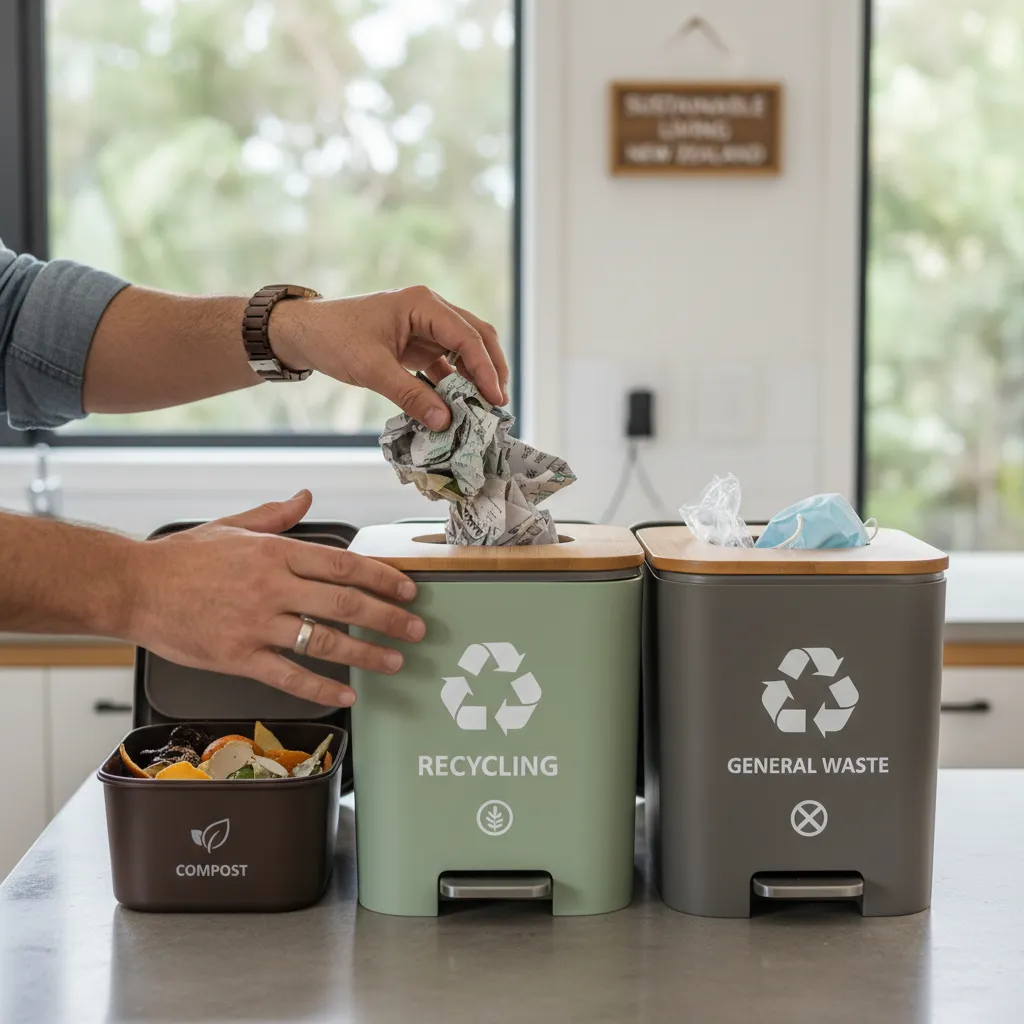 Hands sorting waste into recycling and compost bins NZ