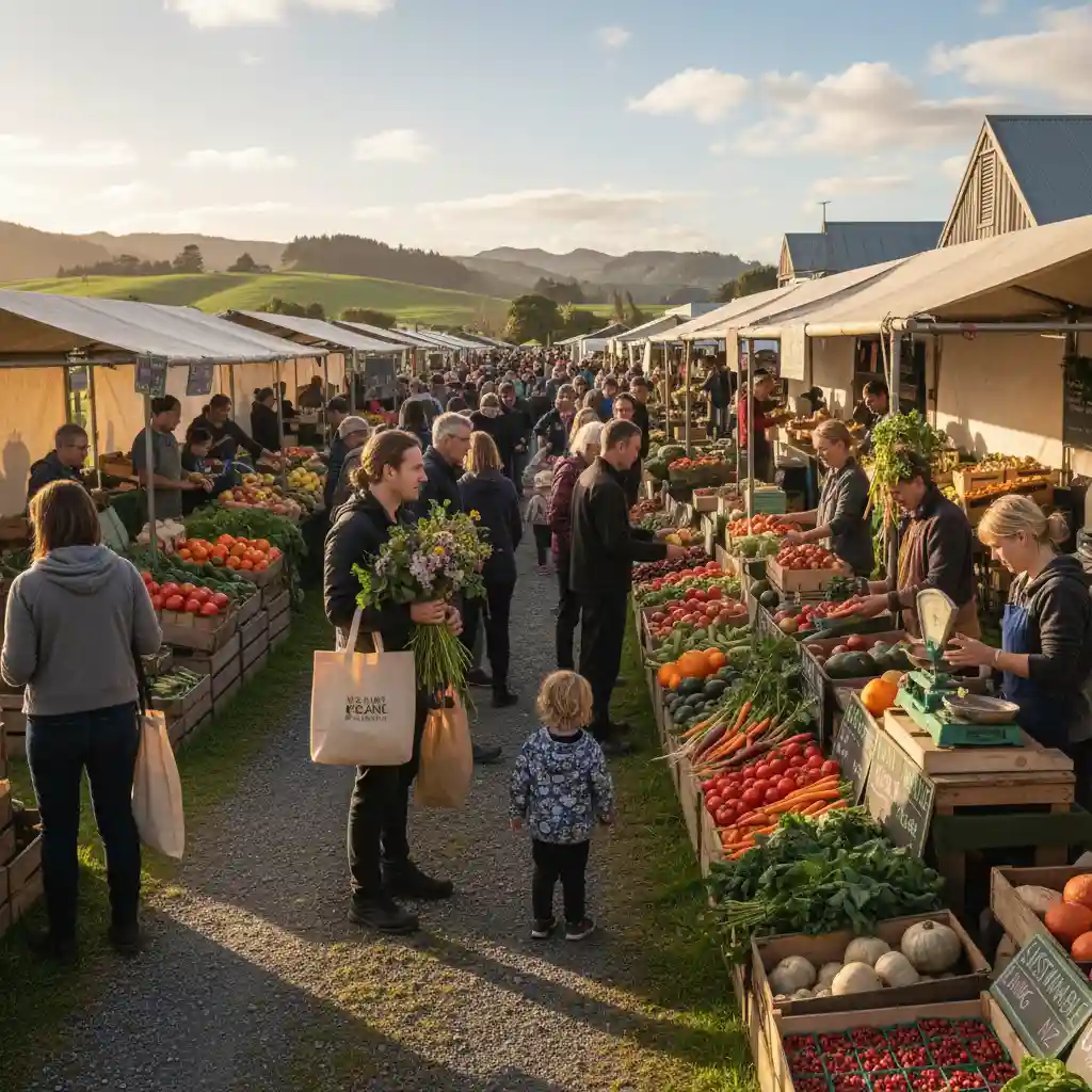 New Zealand farmers market with sustainable shoppers
