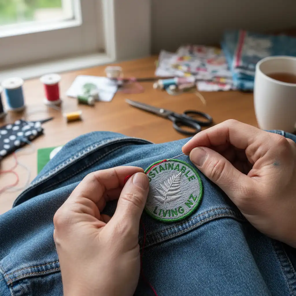 Hands sewing a patch onto an upcycled denim jacket