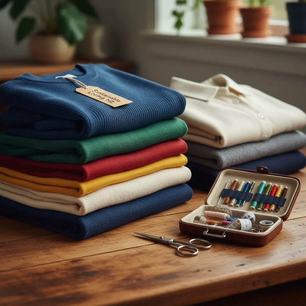 Well-maintained clothing and a sewing kit, promoting textile care