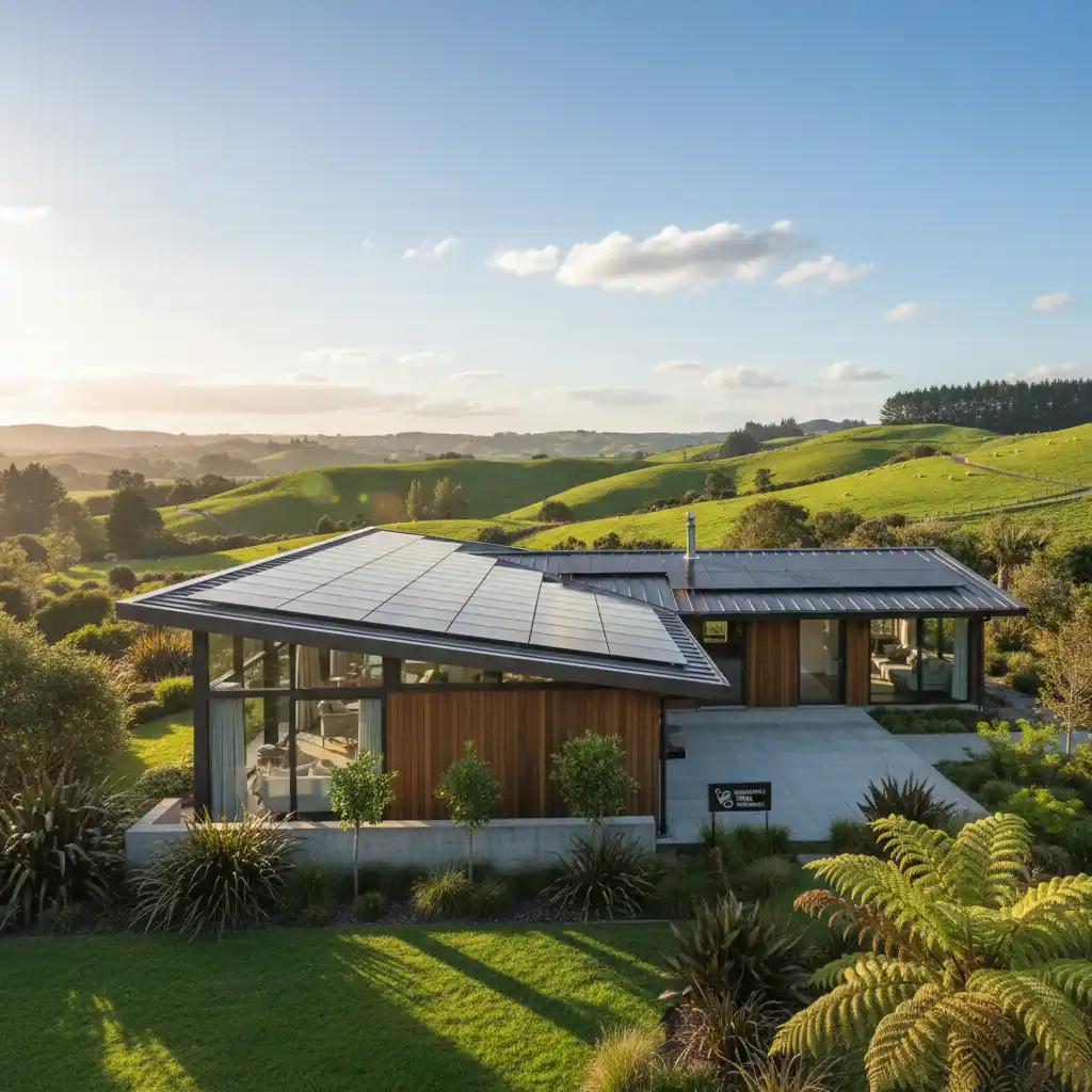 Modern New Zealand home with solar panels on roof