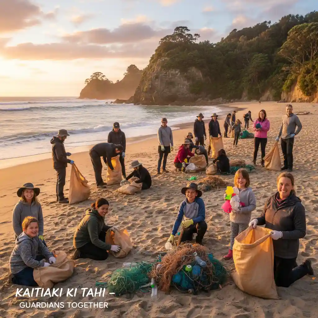 New Zealand community participating in a beach clean-up event