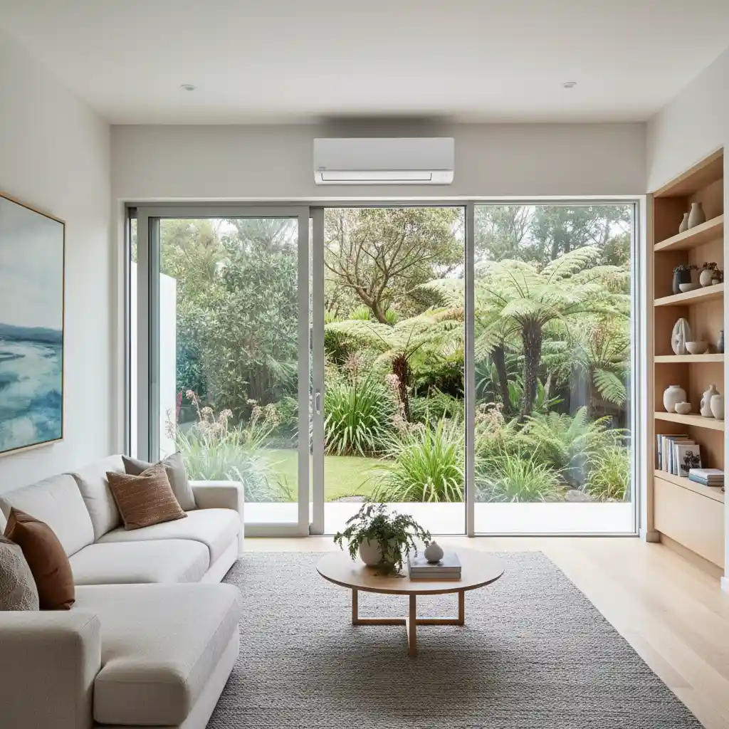 Modern high-wall heat pump in a New Zealand living room for efficient heating