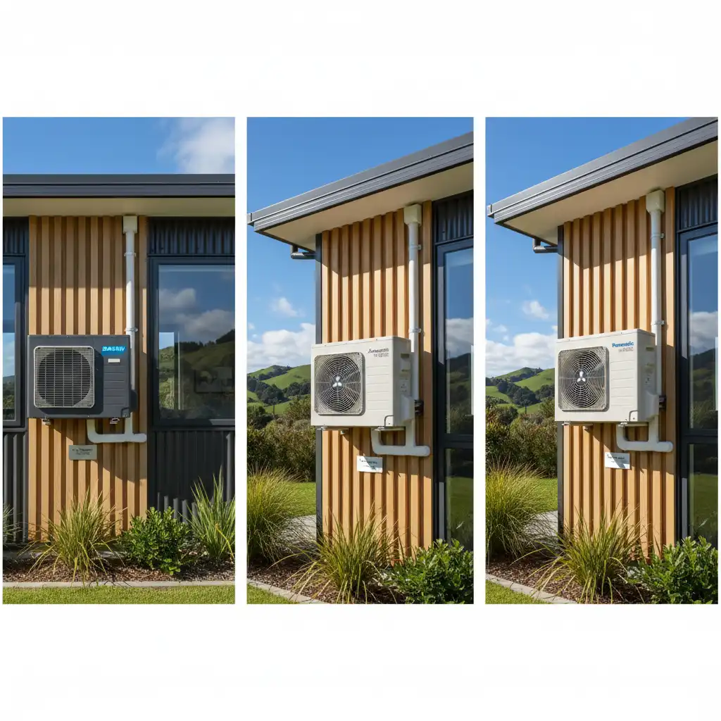 Daikin, Mitsubishi, Panasonic heat pump outdoor units for comparison
