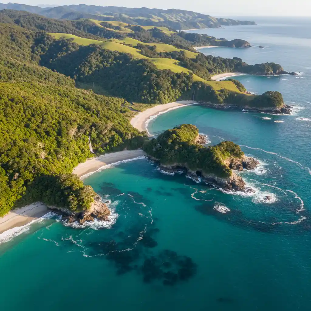 Pristine New Zealand coastline with clear water