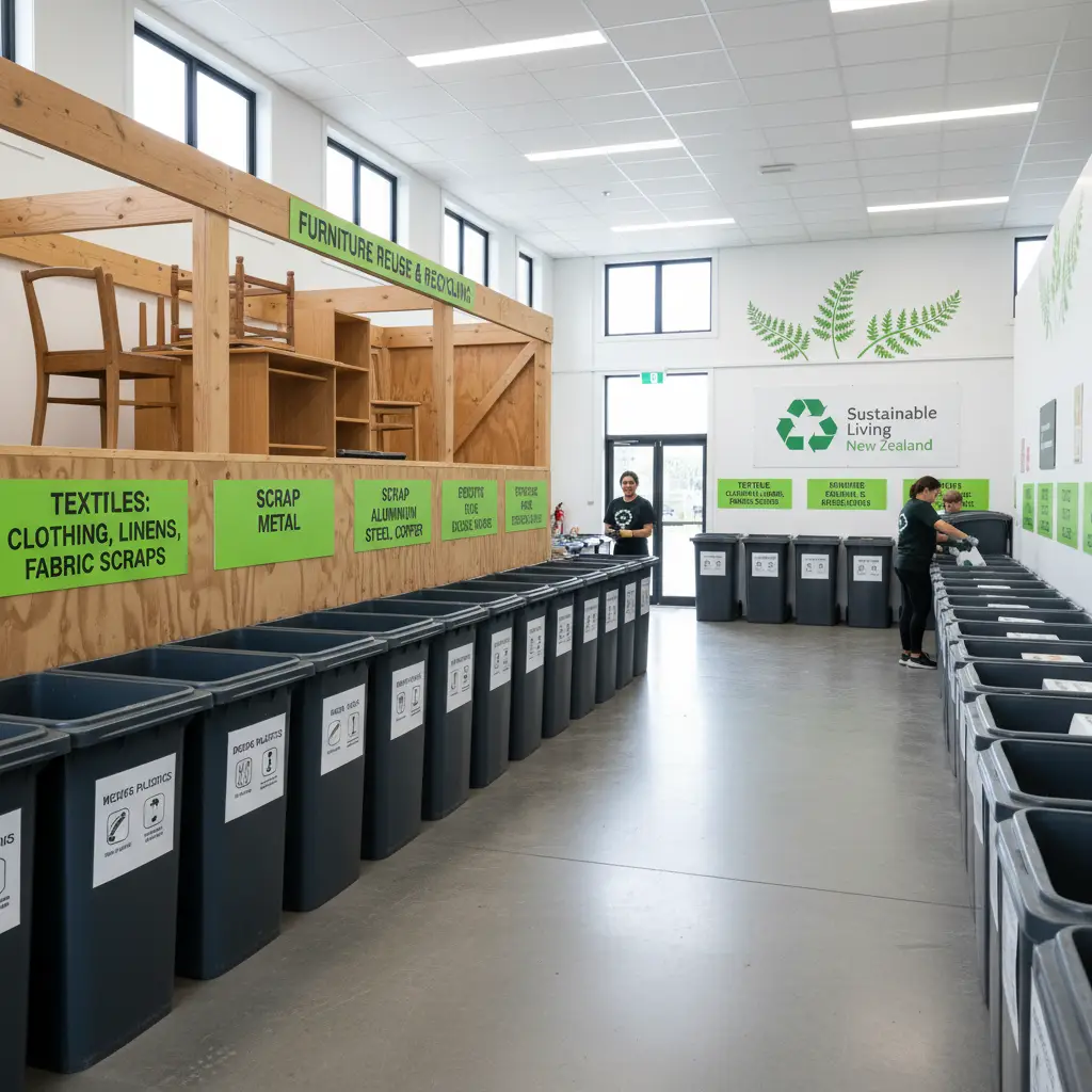 Community recycling centre interior with sorted waste streams