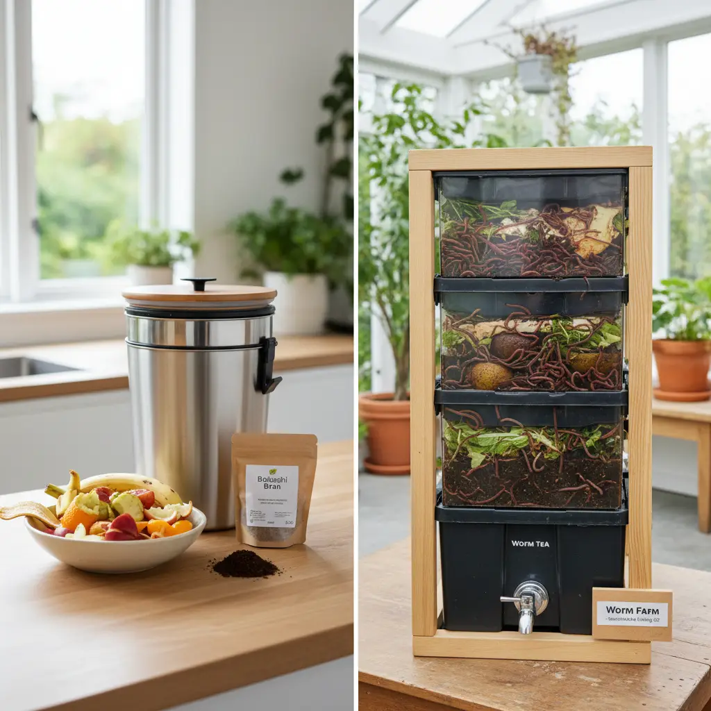 Bokashi bin next to a worm farm setup for composting in NZ