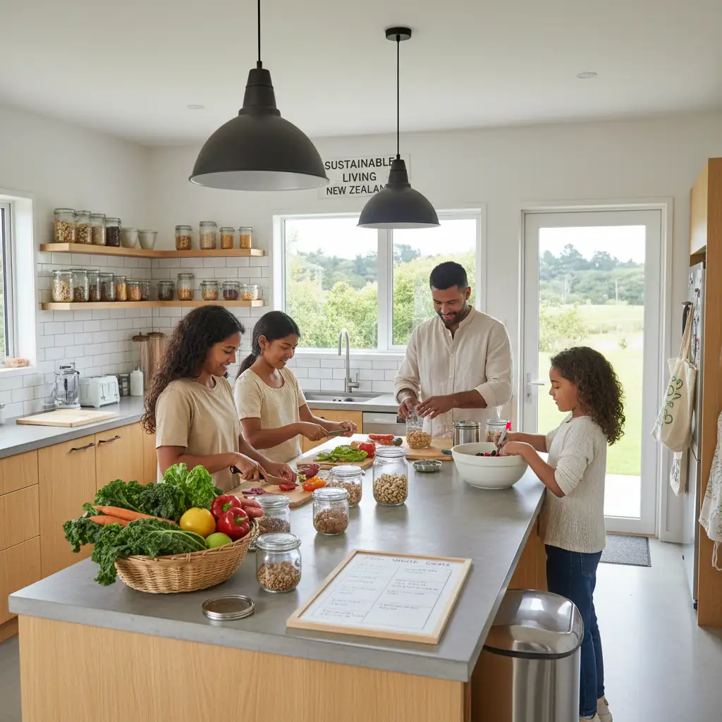 Family reducing food waste with meal planning in NZ kitchen