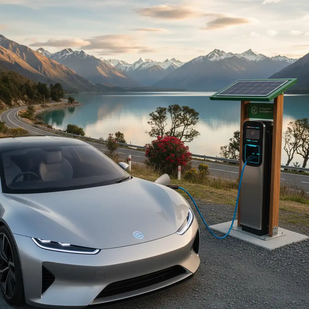 Electric vehicle charging in New Zealand with a scenic backdrop