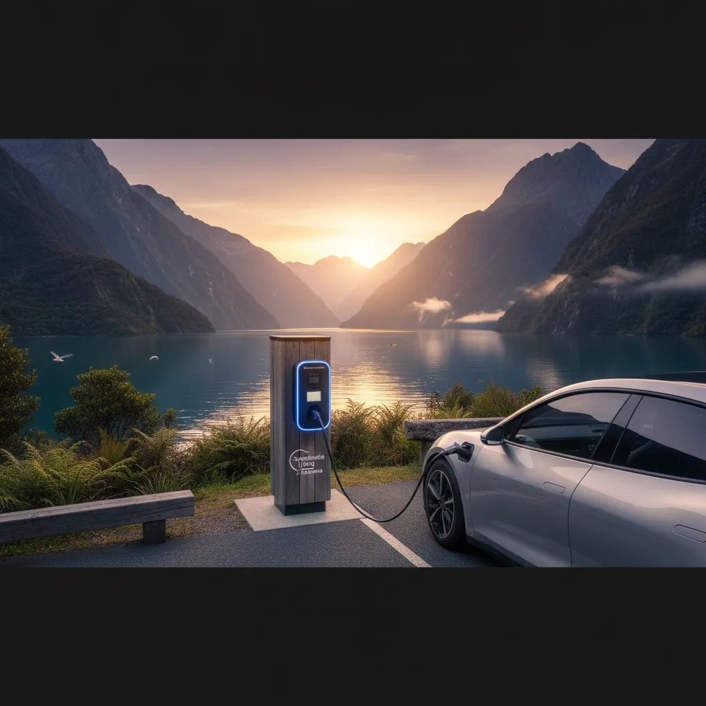 EV charging station with scenic New Zealand backdrop