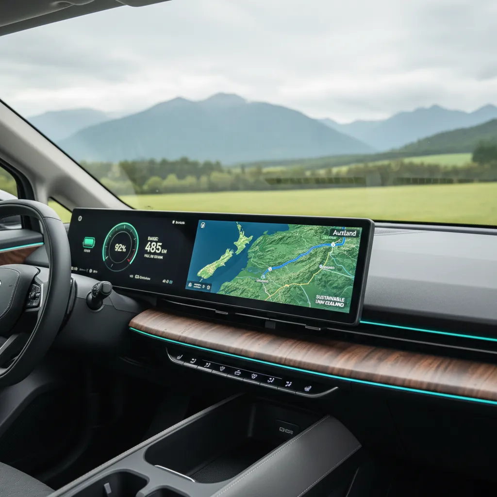 EV dashboard showing range and navigation in NZ