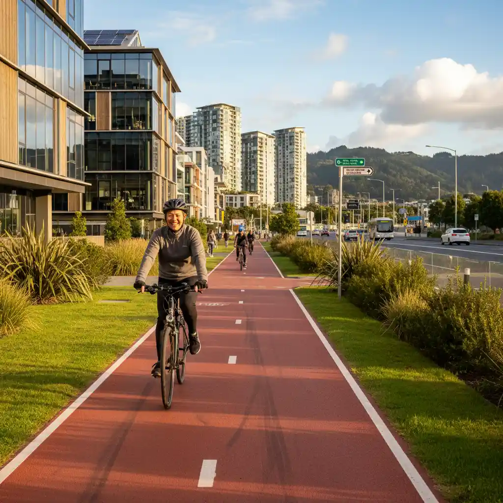 Cyclist on urban cycle path in NZ