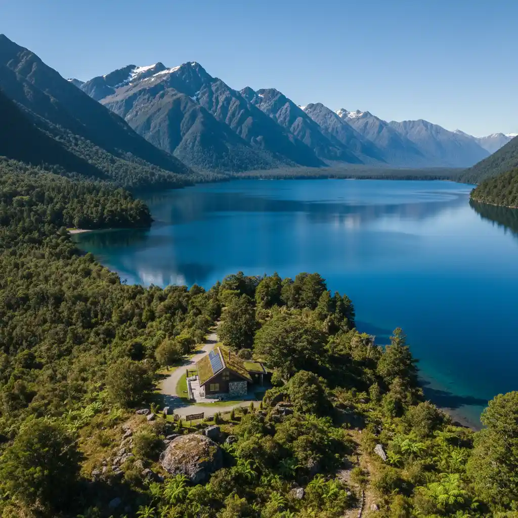 Sustainable tourism in New Zealand: Lush green landscape with an eco-lodge