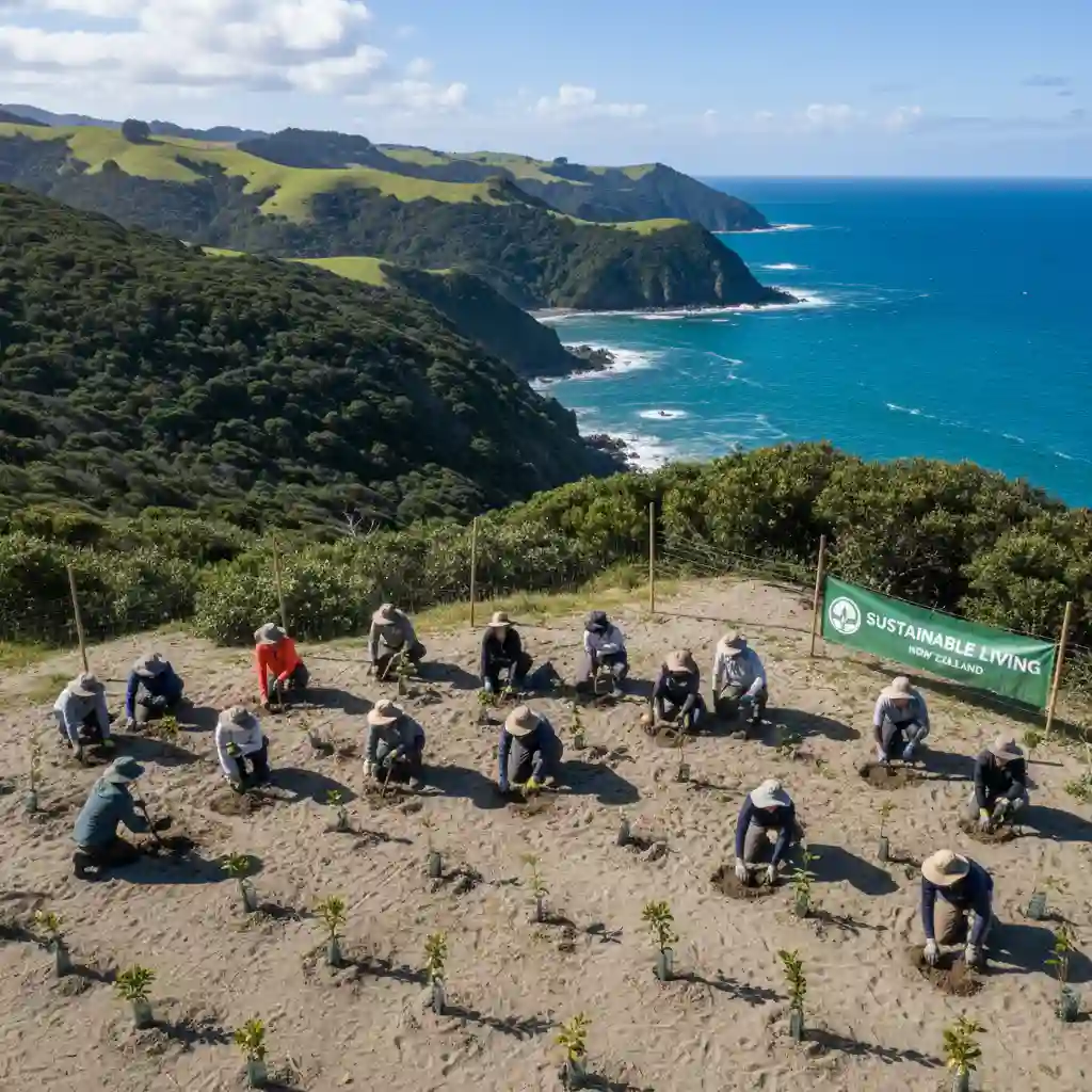 Volunteers planting native trees in New Zealand