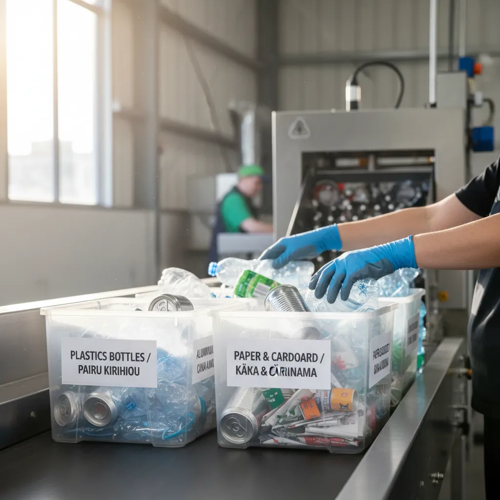 Hands sorting recyclables at a facility in New Zealand