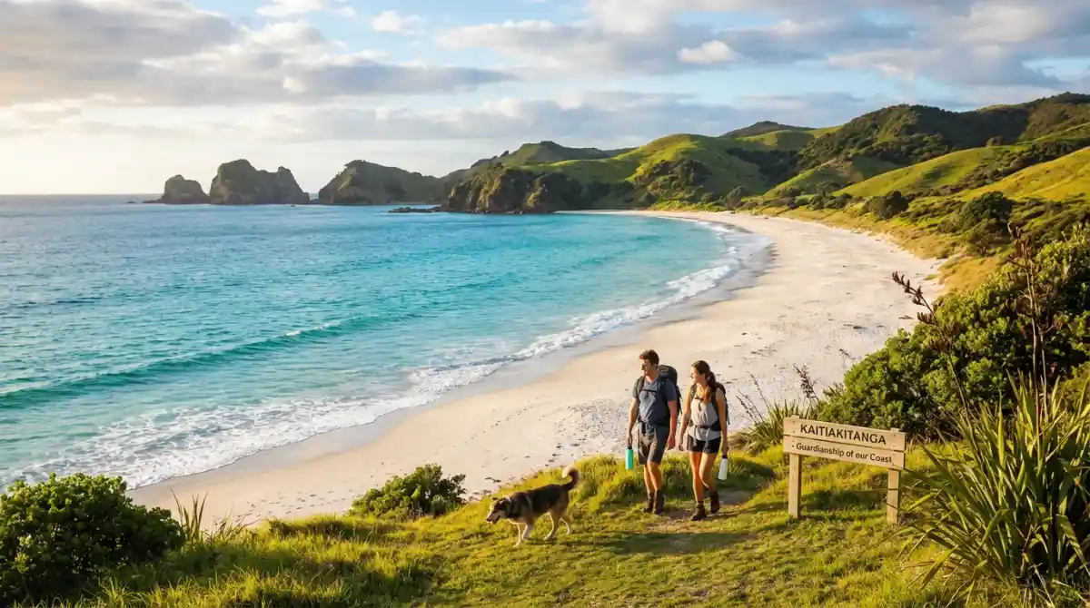 Pristine New Zealand coastline free from plastic waste, symbolizing environmental protection efforts.