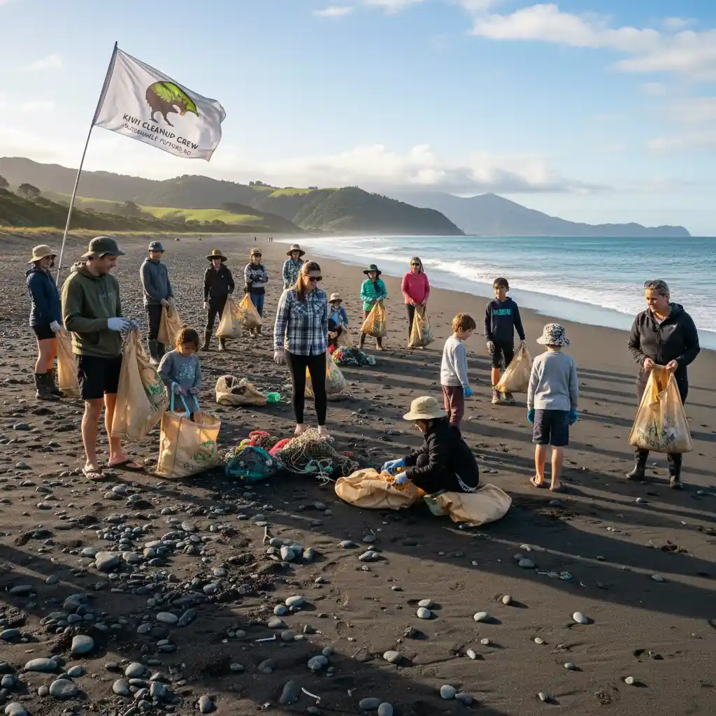 Community volunteers participating in a New Zealand beach clean-up, demonstrating local engagement in combating plastic waste.