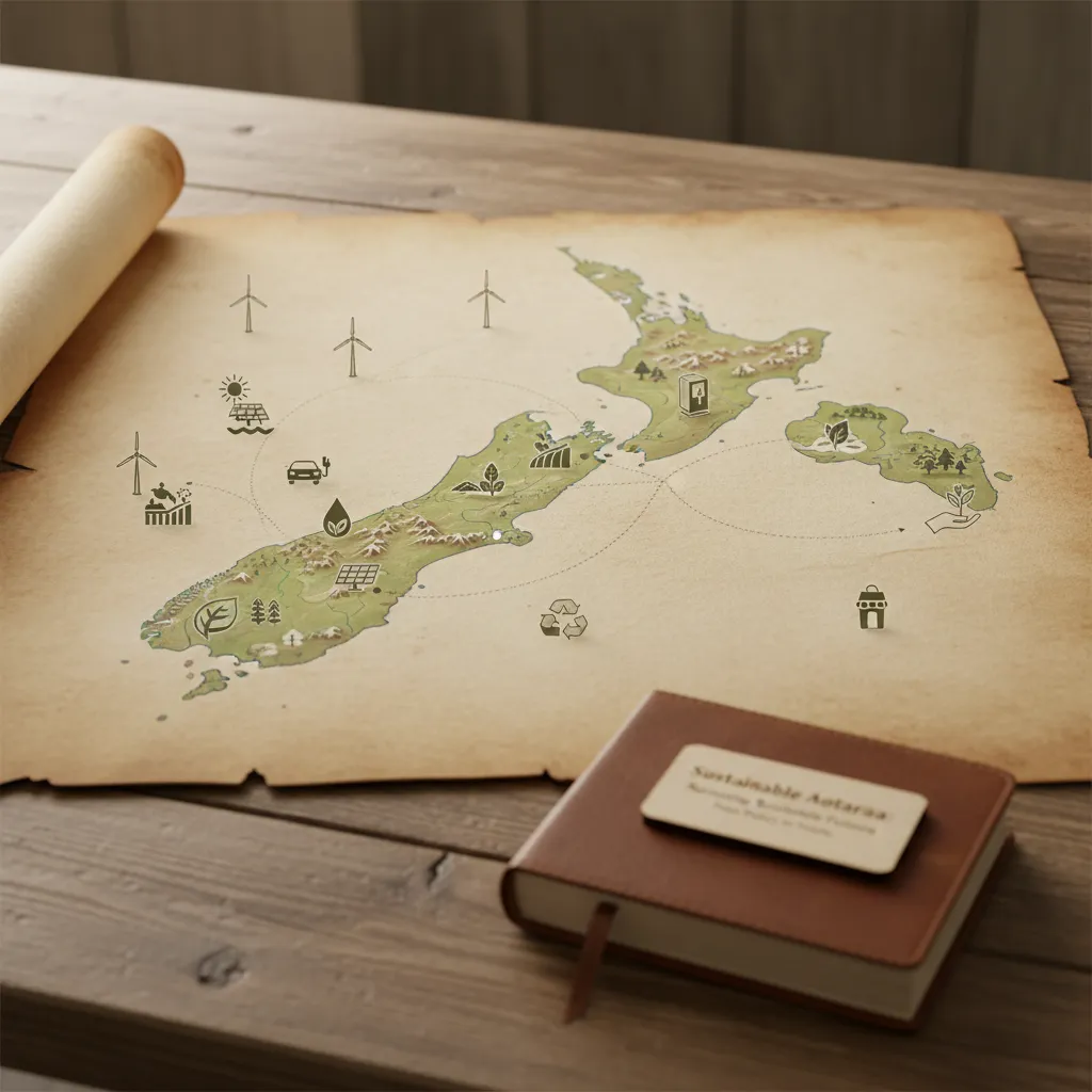 Map of New Zealand showing distributed sustainability projects, illustrating both progress and logistical challenges in plastic waste management.