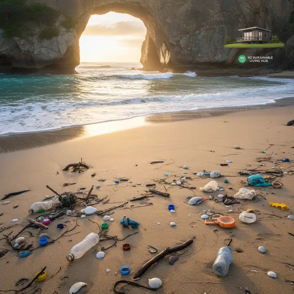 Plastic waste on a beautiful New Zealand beach highlighting the environmental challenge