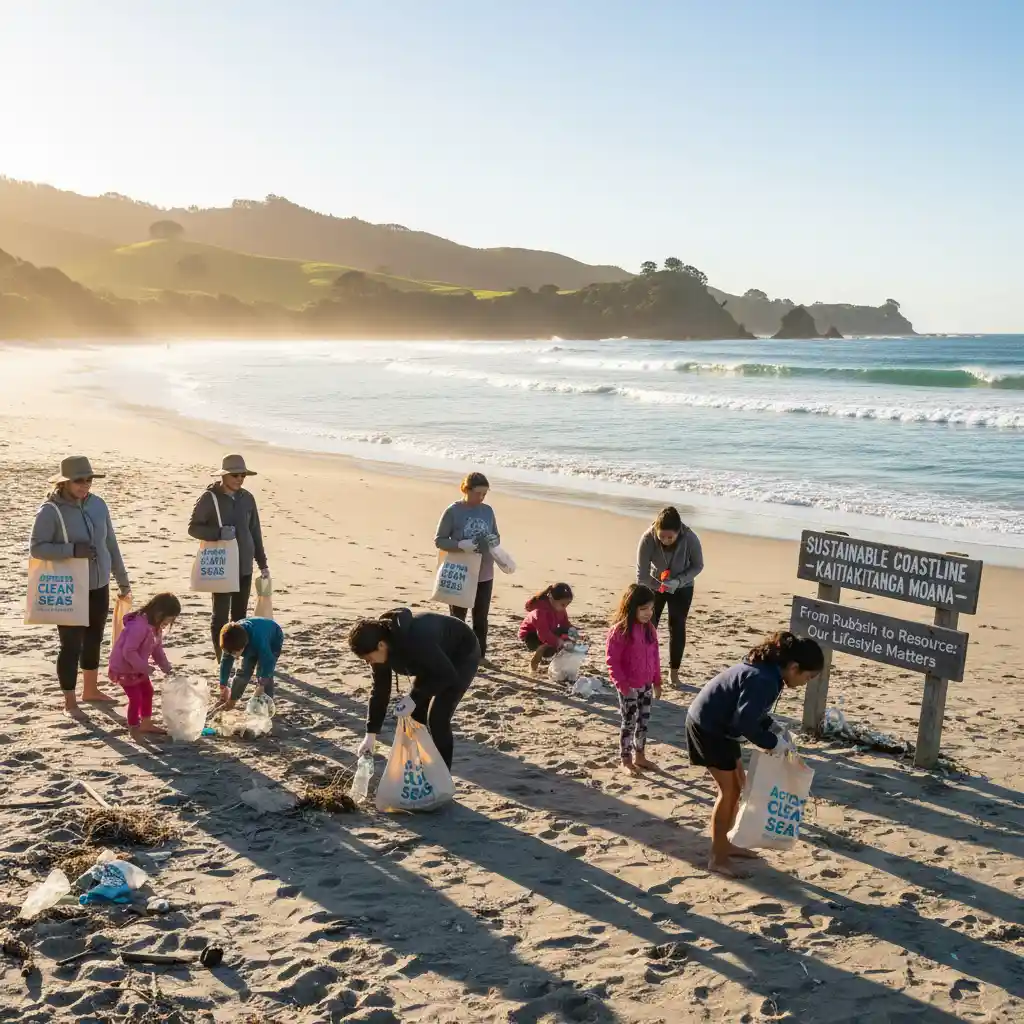 Volunteers engaged in a New Zealand beach cleanup, collecting plastic waste
