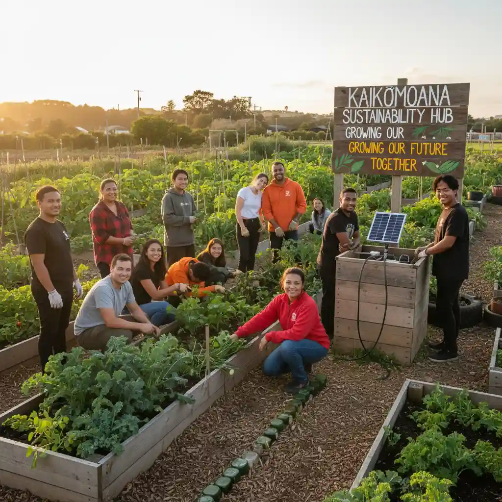 Diverse New Zealand community collaborating on a sustainability project